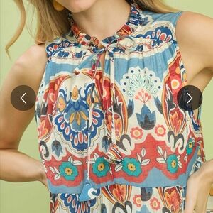 Umgee Sleeveless Tie-Neck Maxi Dress in Blue, Coral, Teal, Cream